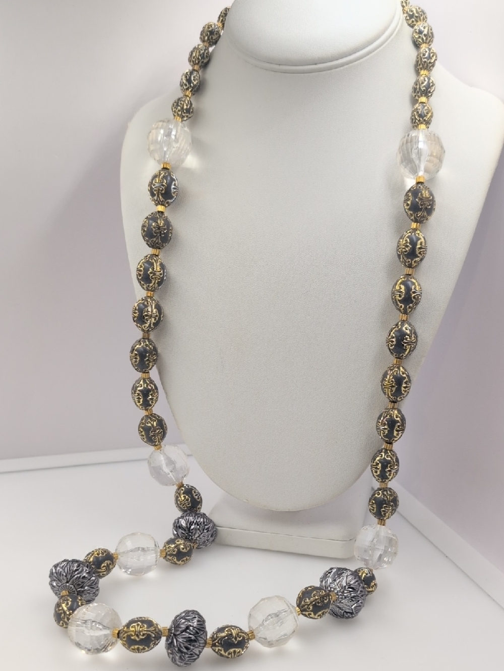 Chunky Elegant Gold & Black Filigree Bead Necklace with Clear Accents